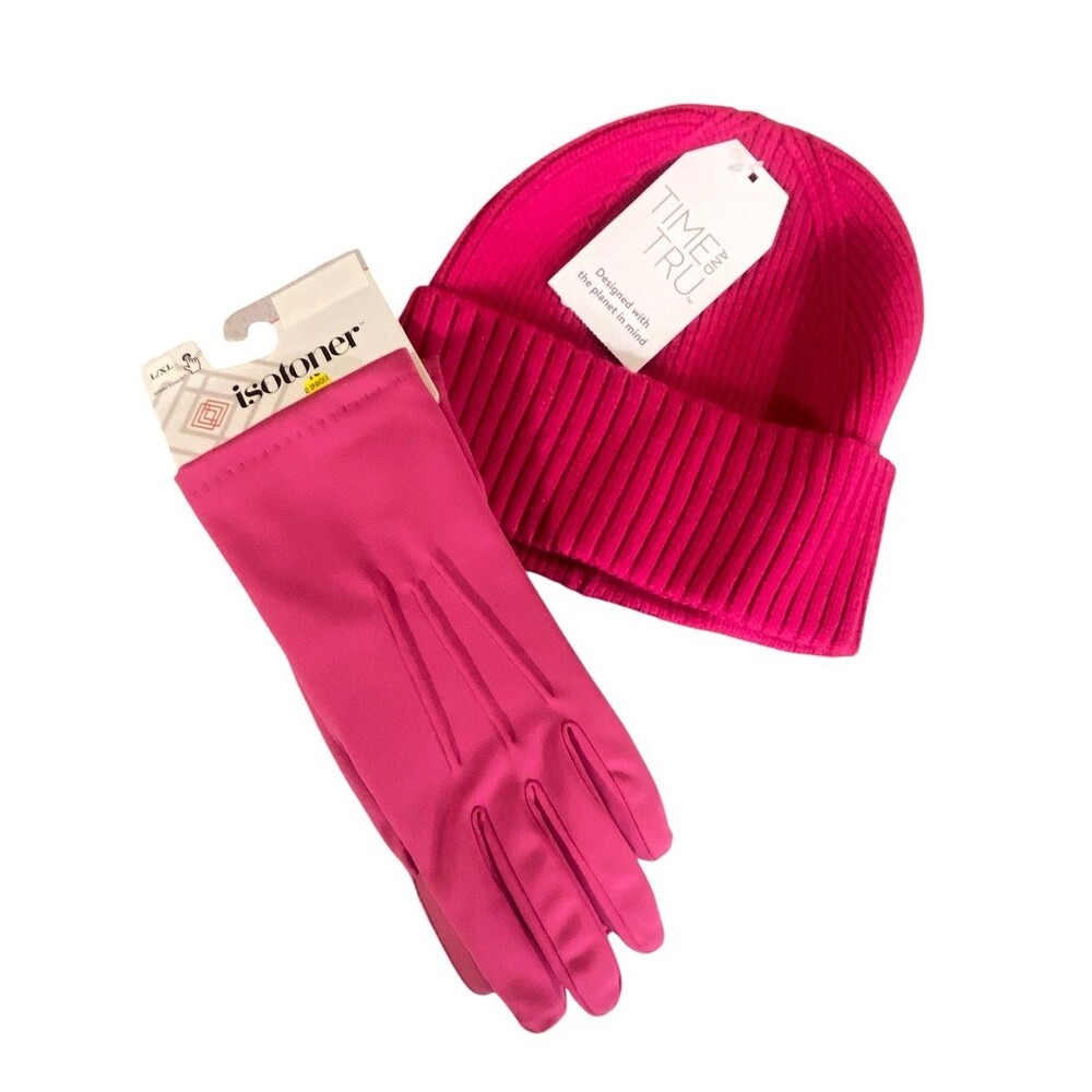 Isotoner Pink Gloves Time & Tru Knit Beannie Matching Set Winter Weather Bundle